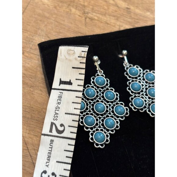 Silver-Tone Drop Earrings With Blue Stone Accents & Floral Design - Picture 2 of 6